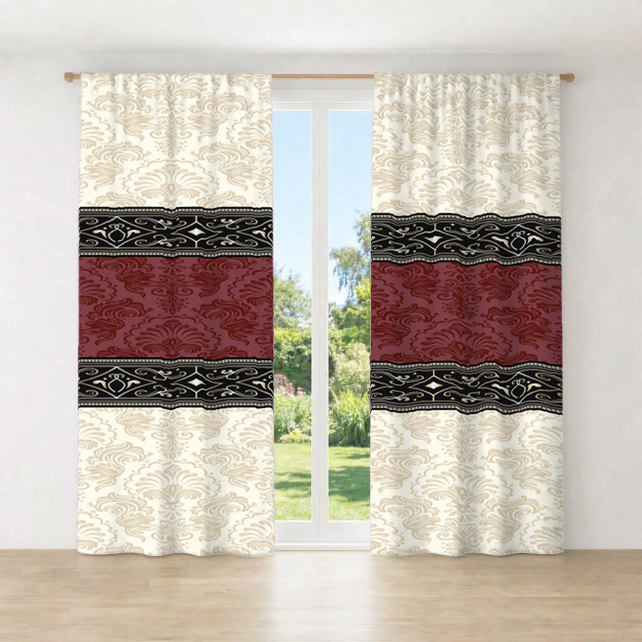 Beige and Burgundy Damask Pattern Window Curtains