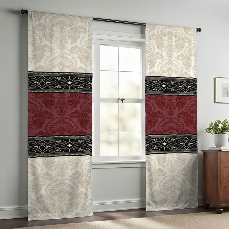 Beige and Burgundy Damask Pattern Window Curtains