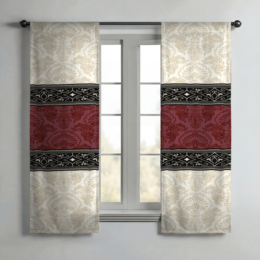 Beige and Burgundy Damask Pattern Window Curtains