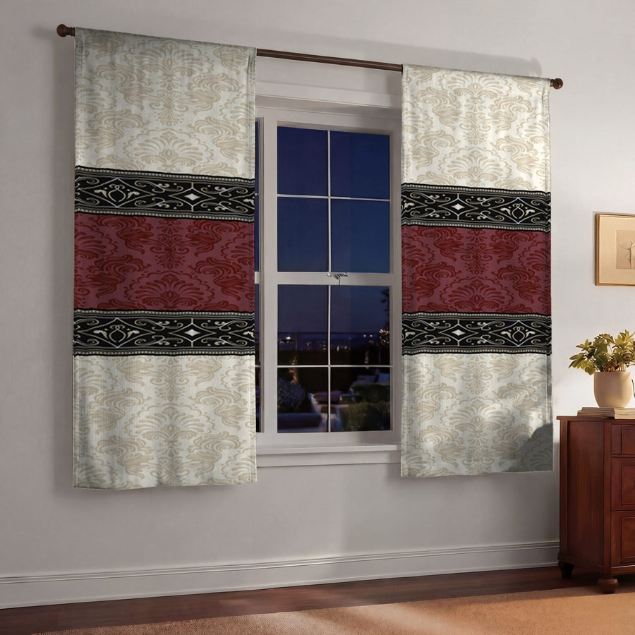 Beige and Burgundy Damask Pattern Window Curtains