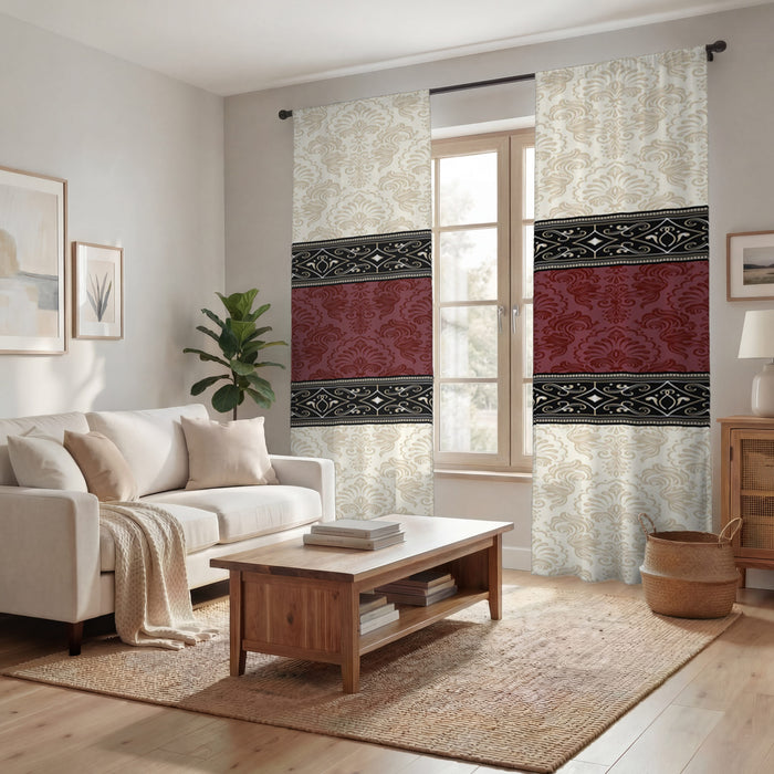 Beige and Burgundy Damask Pattern Window Curtains