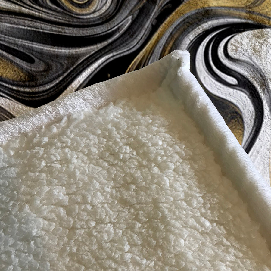 Monochrome Gold Marble Swirl Fleece Sherpa Blanket