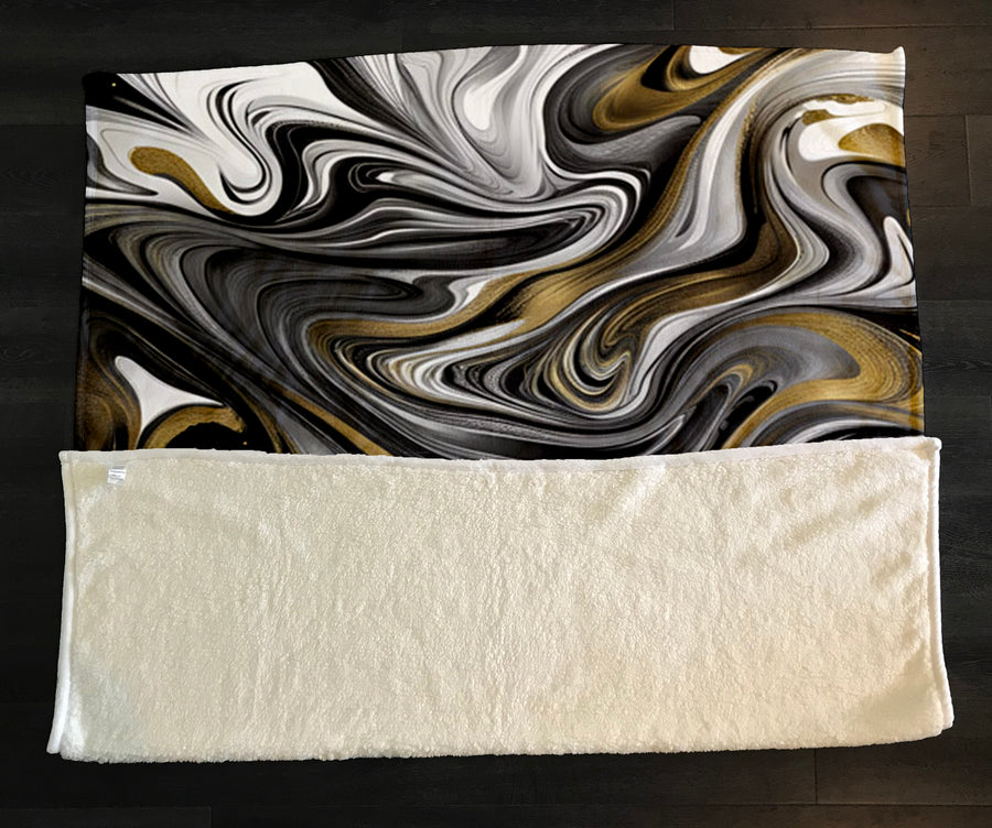 Monochrome Gold Marble Swirl Fleece Sherpa Blanket