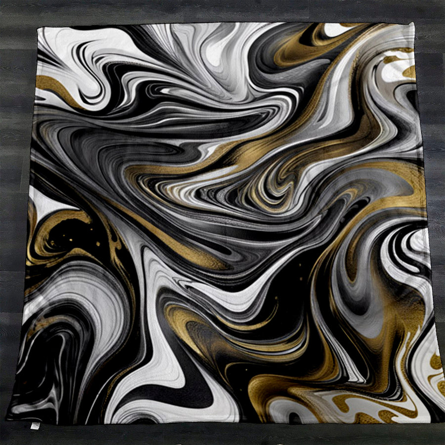 Monochrome Gold Marble Swirl Fleece Sherpa Blanket