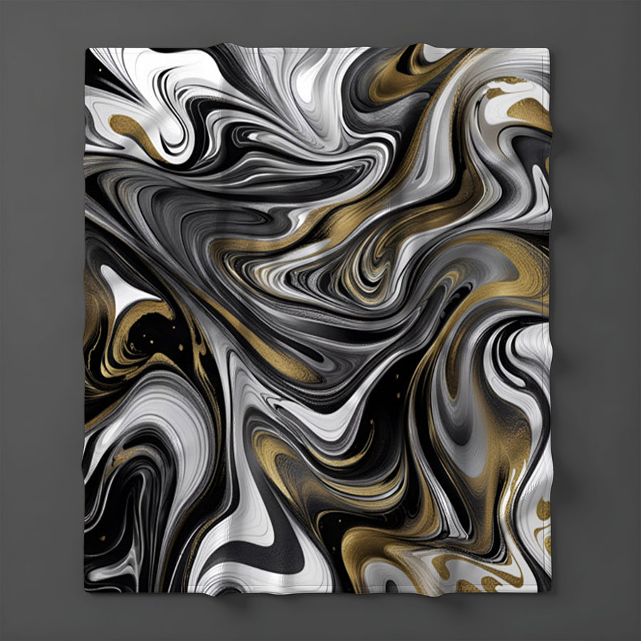 Monochrome Gold Marble Swirl Fleece Sherpa Blanket