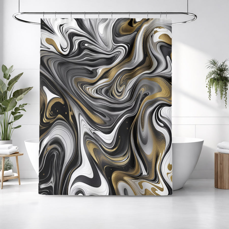 Monochrome Gold Marble Swirl Shower Curtain