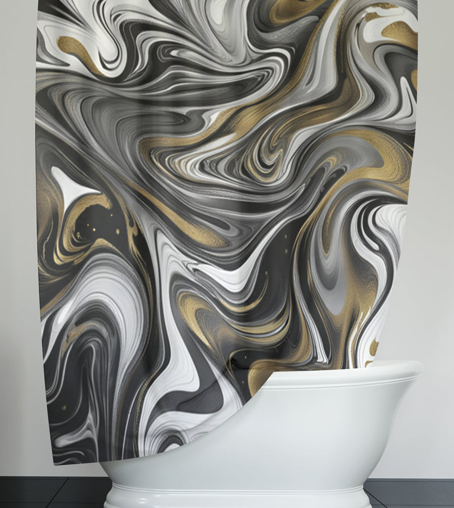 Monochrome Gold Marble Swirl Shower Curtain