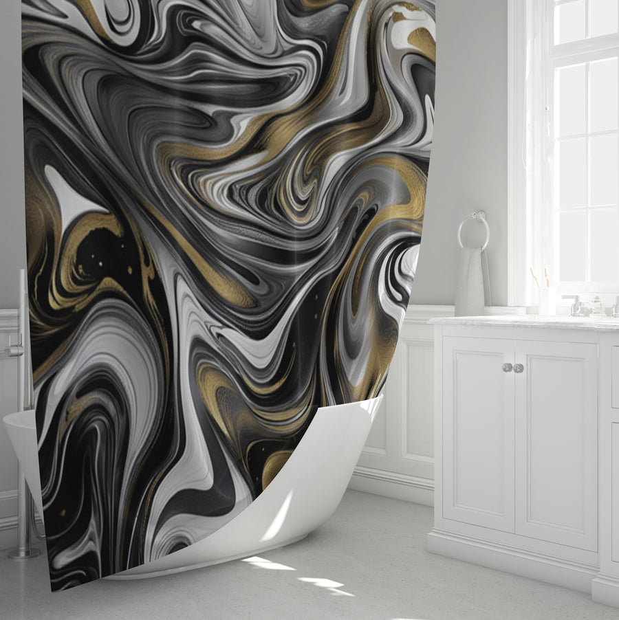 Monochrome Gold Marble Swirl Shower Curtain