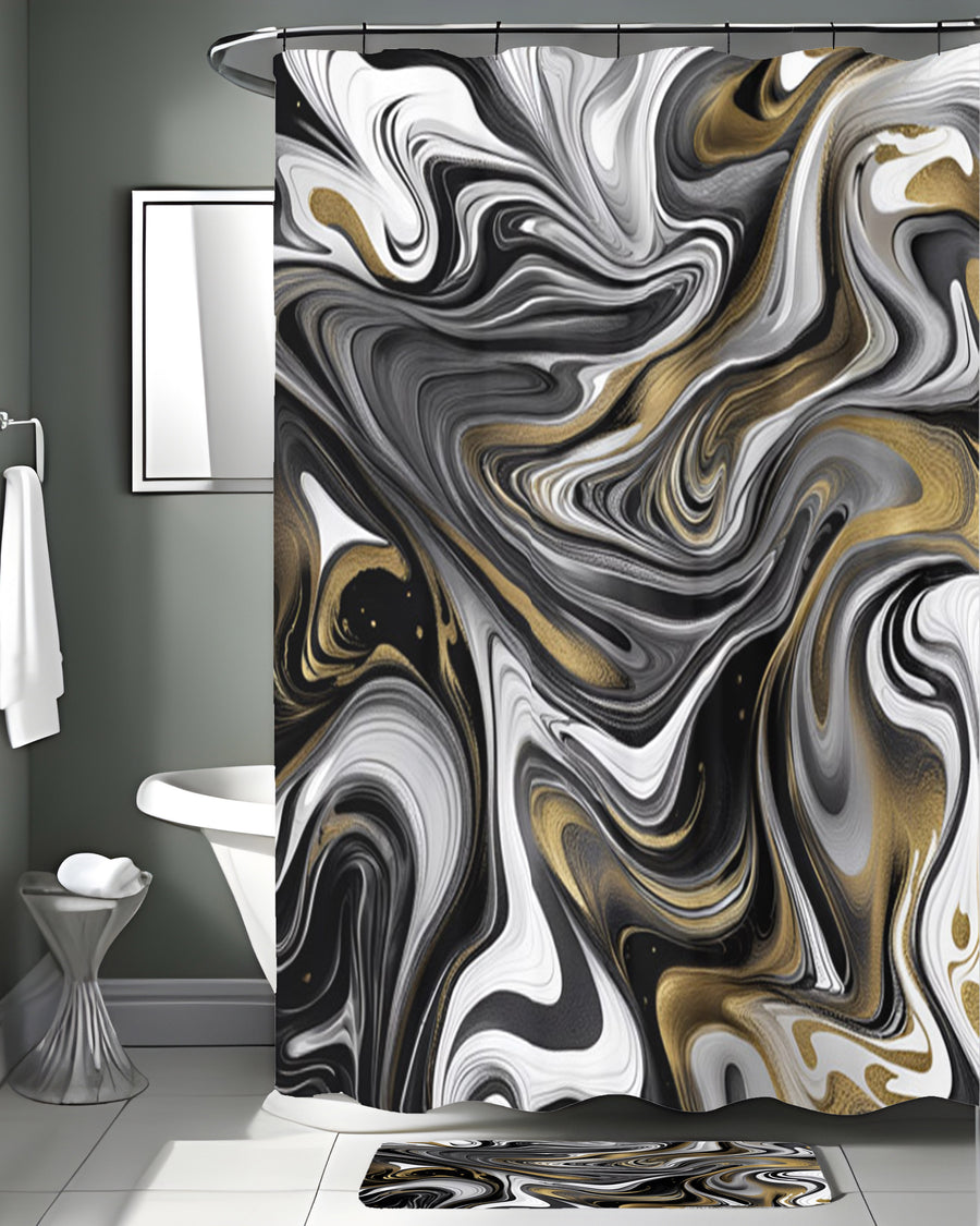 Monochrome Gold Marble Swirl Shower Curtain