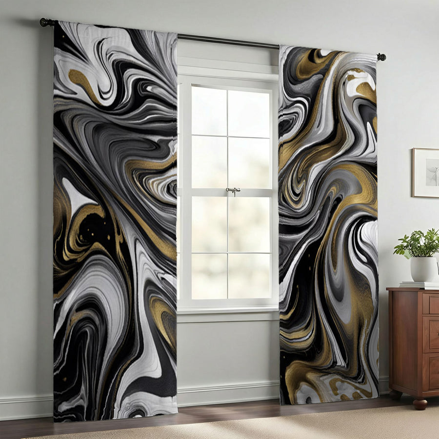 Black Gray and Gold Color Swirl Window Curtains | "The White Tiger"