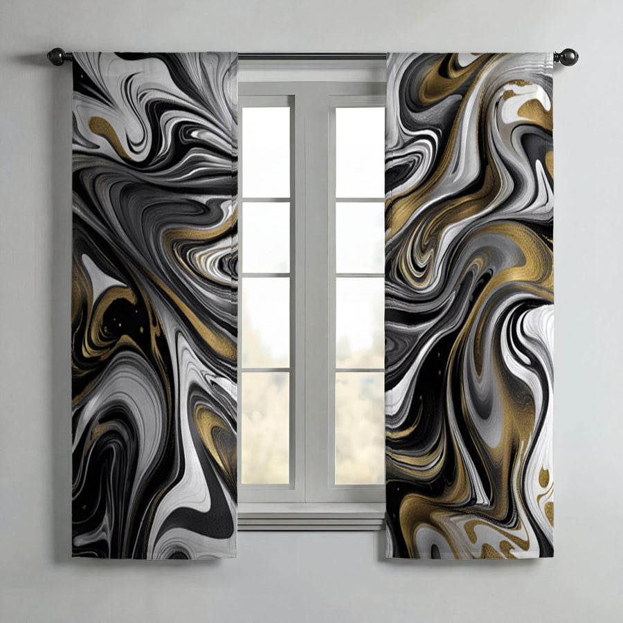 Black Gray and Gold Color Swirl Window Curtains | "The White Tiger"