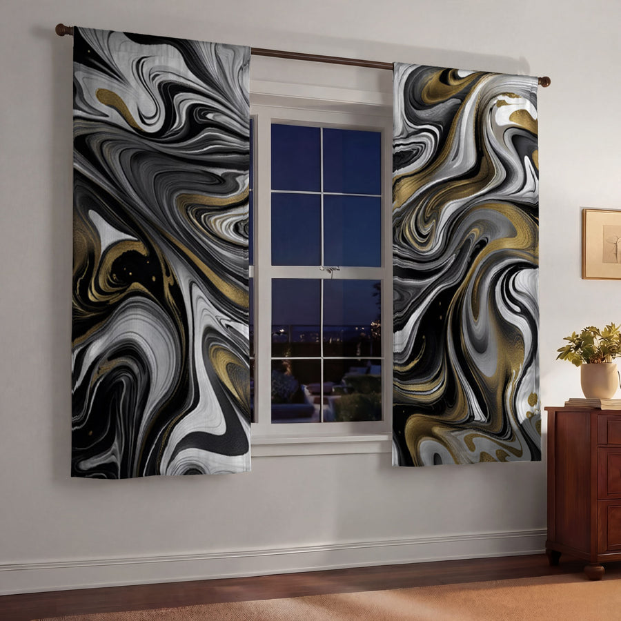 Black Gray and Gold Color Swirl Window Curtains | "The White Tiger"