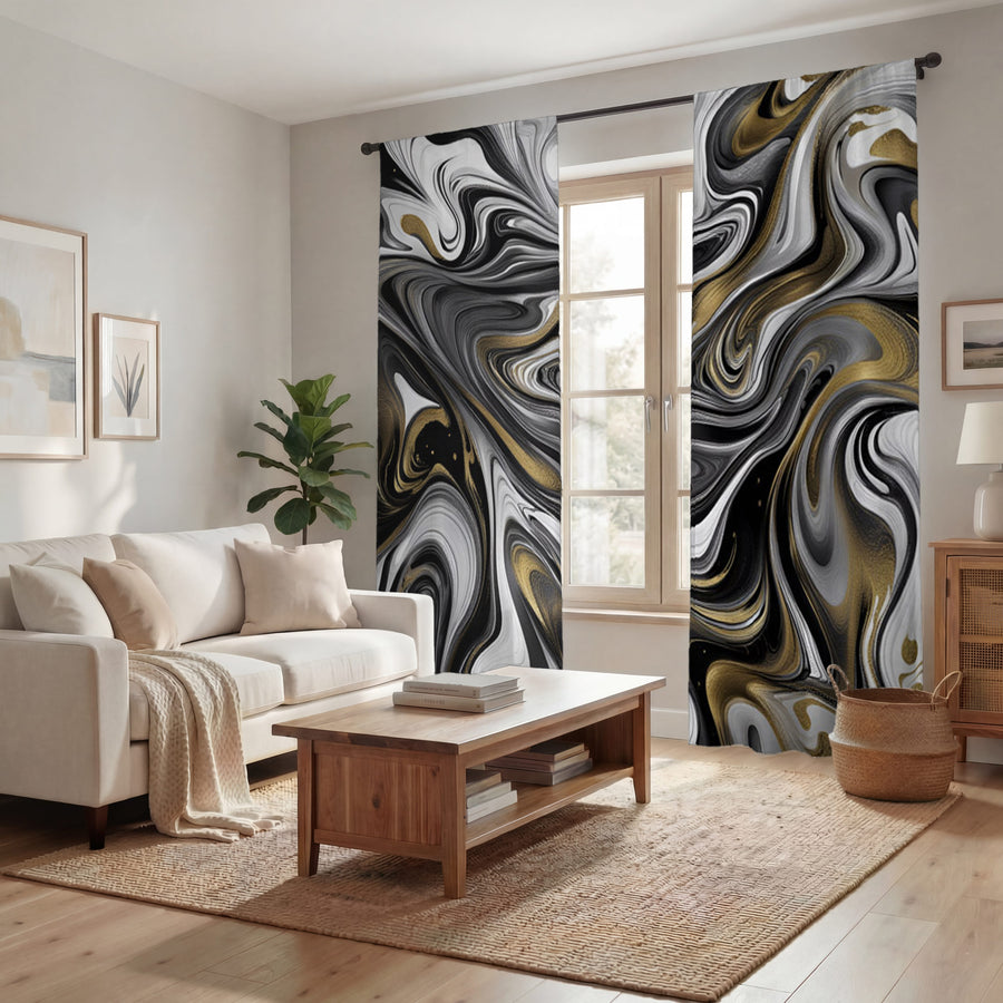 Black Gray and Gold Color Swirl Window Curtains | "The White Tiger"
