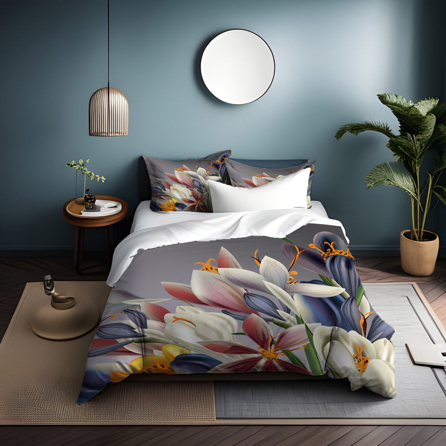 Modern Gray Floral Bloom Duvet Cover
