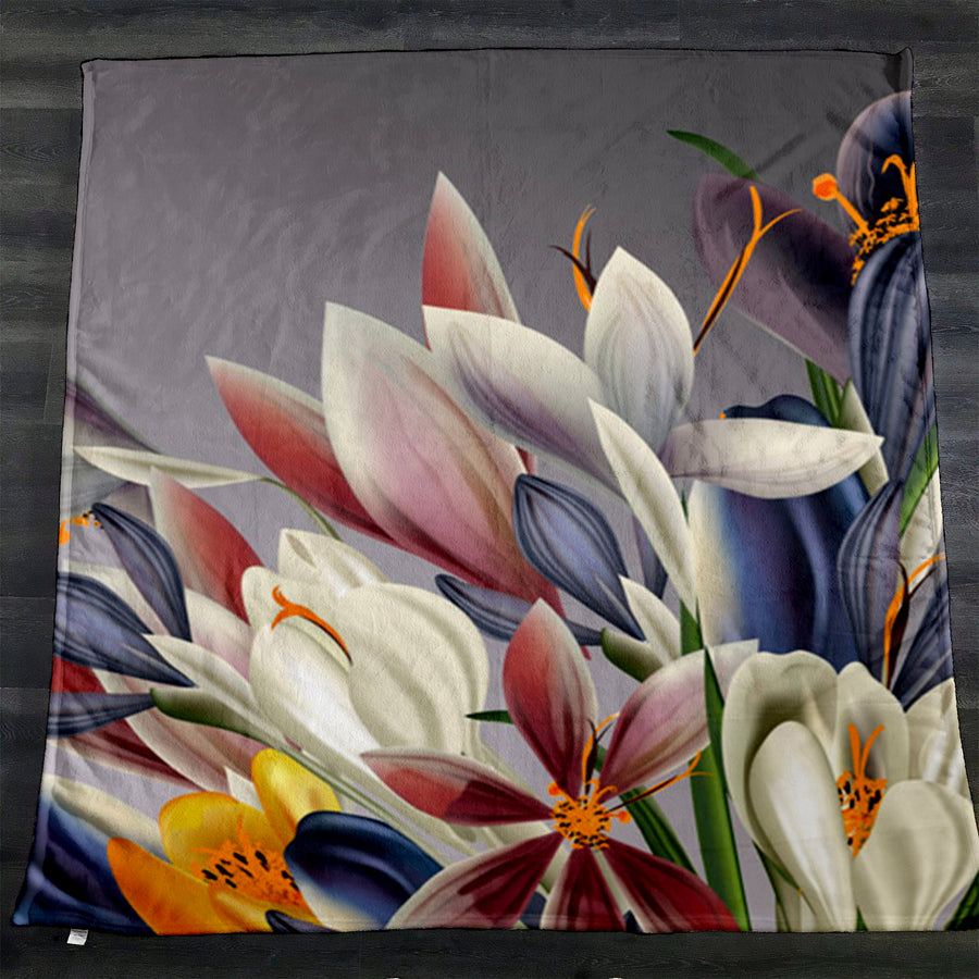 Modern Gray Floral Bloom Fleece Sherpa Blanket