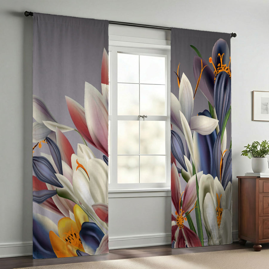 Modern Gray Floral Window Curtains | Long Panel Lined and Unlined Curtains