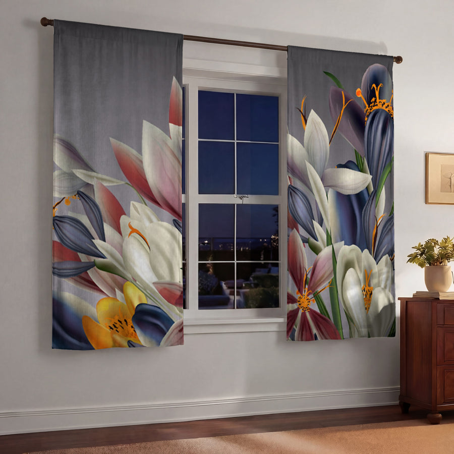 Modern Gray Floral Window Curtains | Long Panel Lined and Unlined Curtains