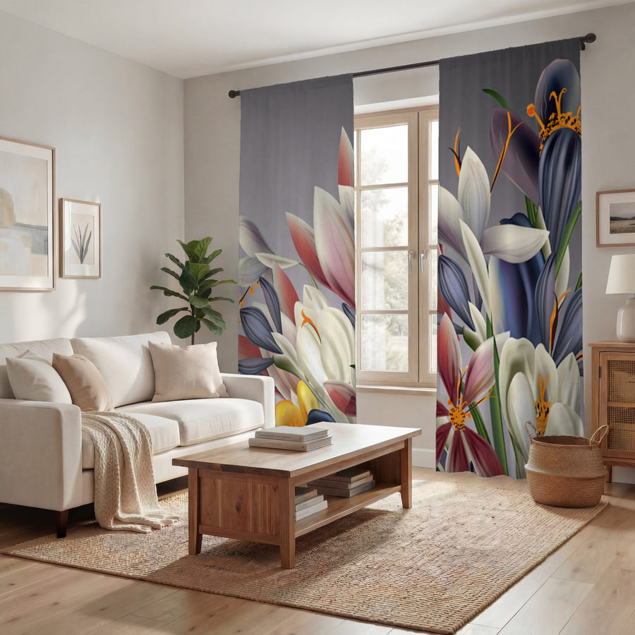 Modern Gray Floral Window Curtains | Long Panel Lined and Unlined Curtains
