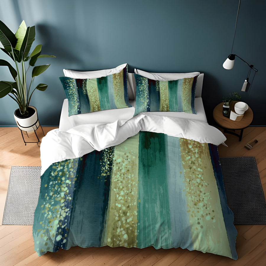 Green Watercolor Stripes Duvet Cover