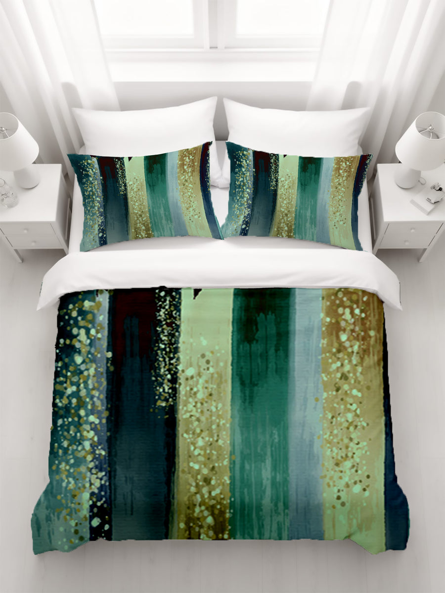 Green Watercolor Stripes Duvet Cover