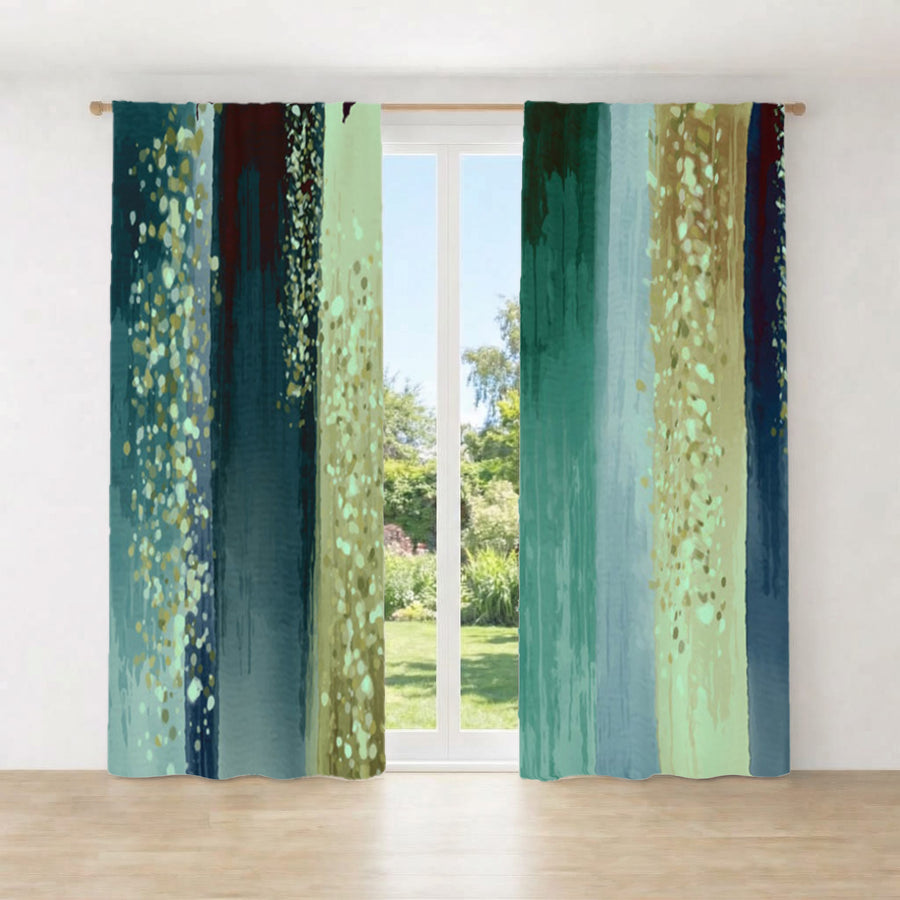 Striped Watercolor Boho Nautical Green Window Curtains