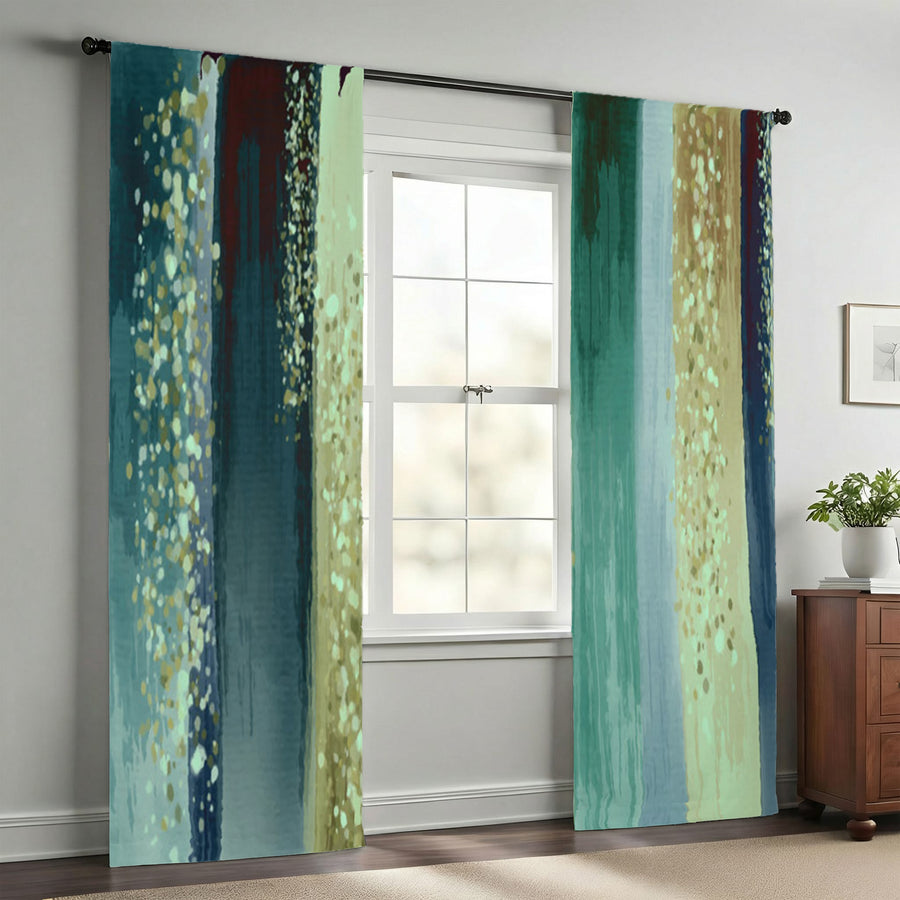 Striped Watercolor Boho Nautical Green Window Curtains