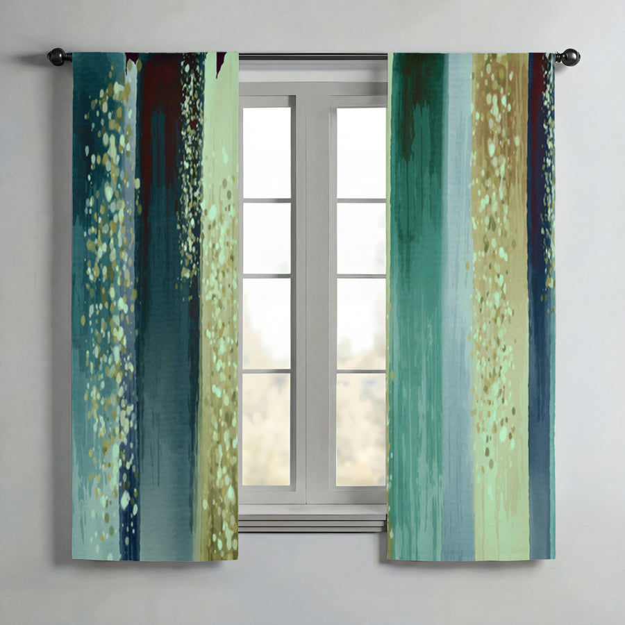 Striped Watercolor Boho Nautical Green Window Curtains