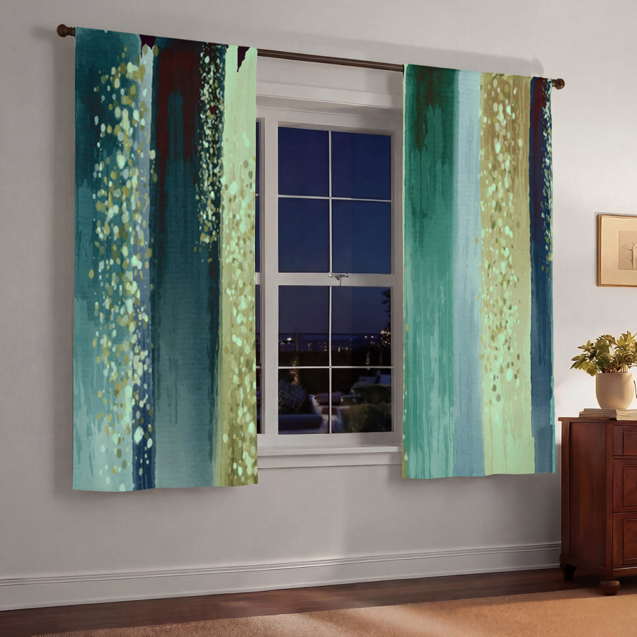Striped Watercolor Boho Nautical Green Window Curtains