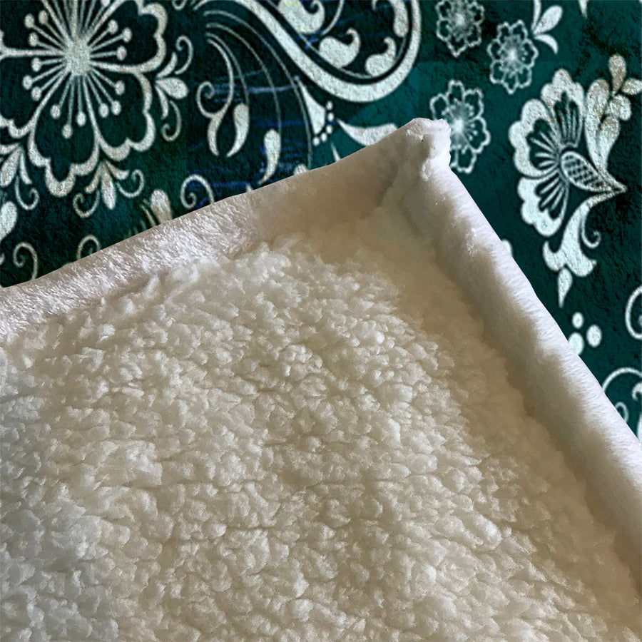 Teal Ornamental Damask Pattern Fleece Sherpa Blanket