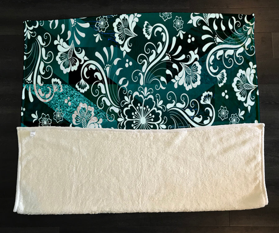 Teal Ornamental Damask Pattern Fleece Sherpa Blanket