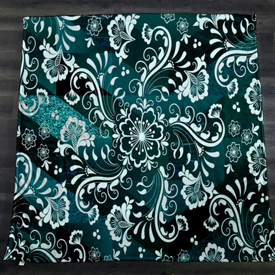 Teal Ornamental Damask Pattern Fleece Sherpa Blanket