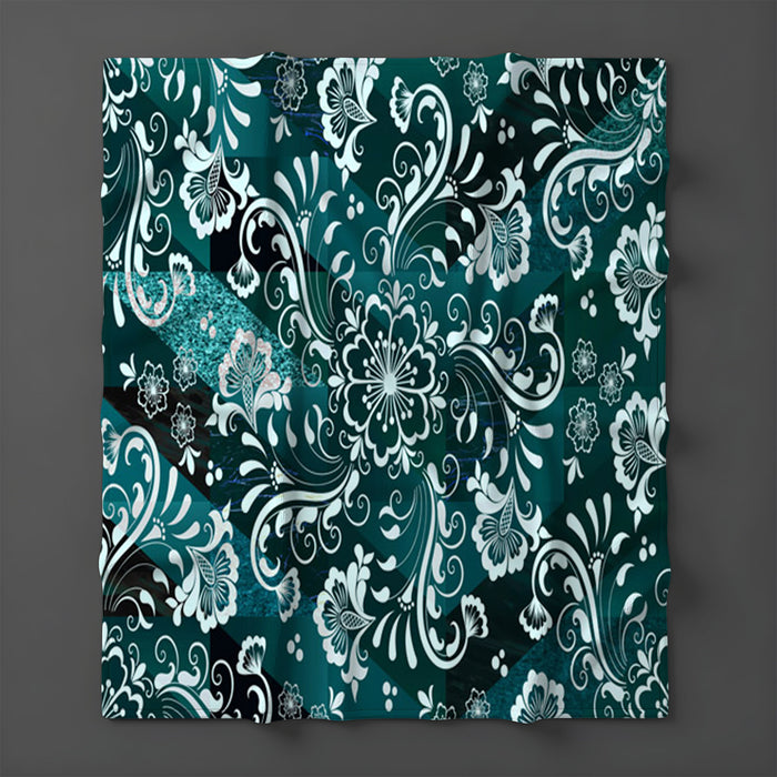 Teal Ornamental Damask Pattern Fleece Sherpa Blanket