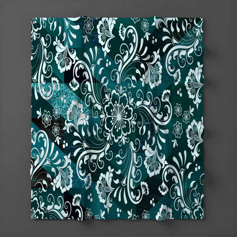 Teal Ornamental Damask Pattern Fleece Sherpa Blanket