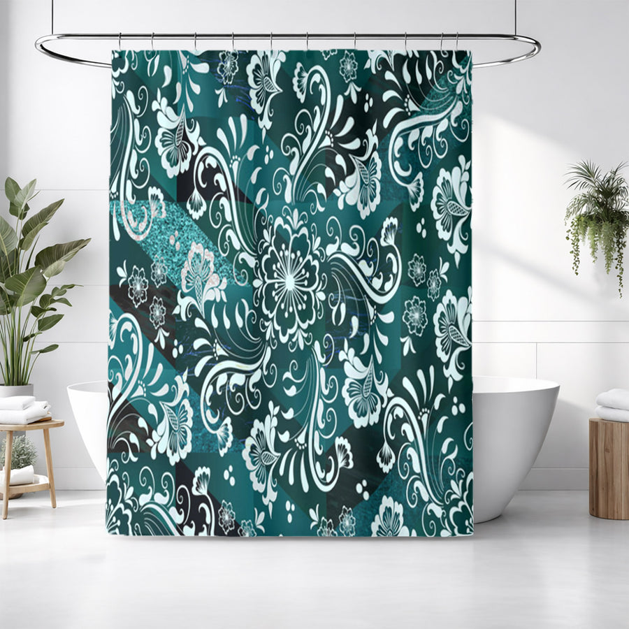 Teal Ornamental Damask Pattern Shower Curtain