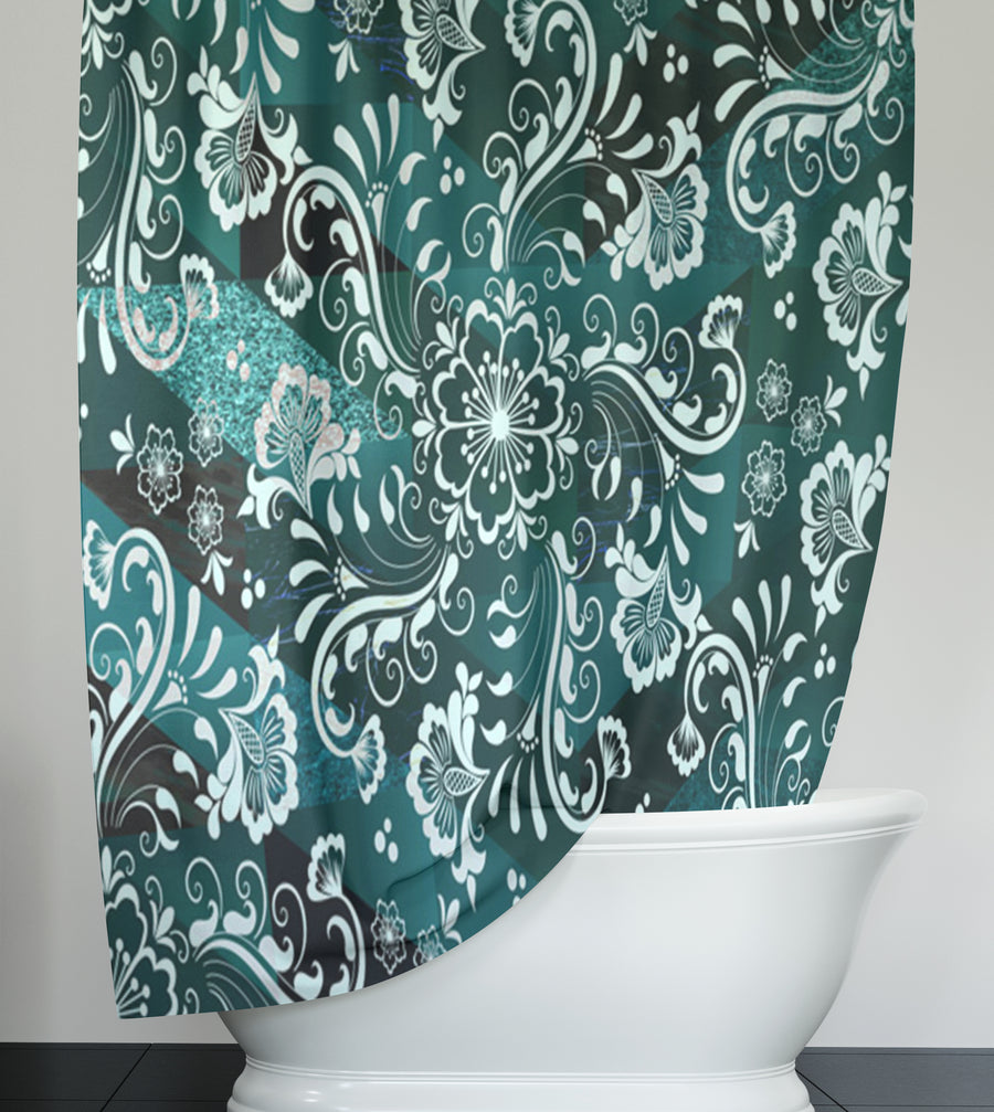 Teal Ornamental Damask Pattern Shower Curtain