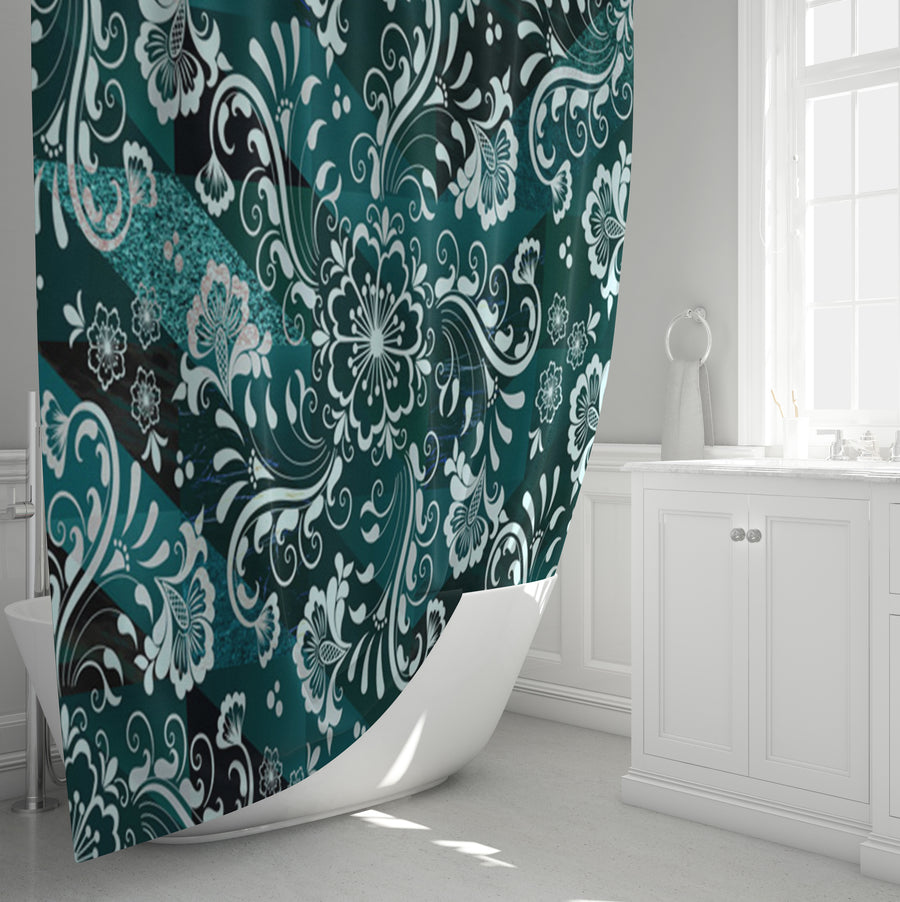 Teal Ornamental Damask Pattern Shower Curtain