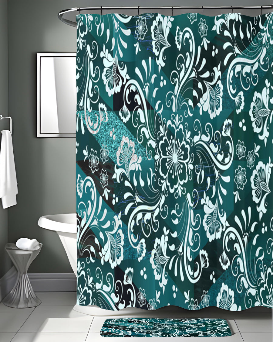 Teal Ornamental Damask Pattern Shower Curtain