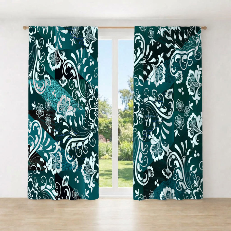 Green and Teal Damask Style Window Curtains