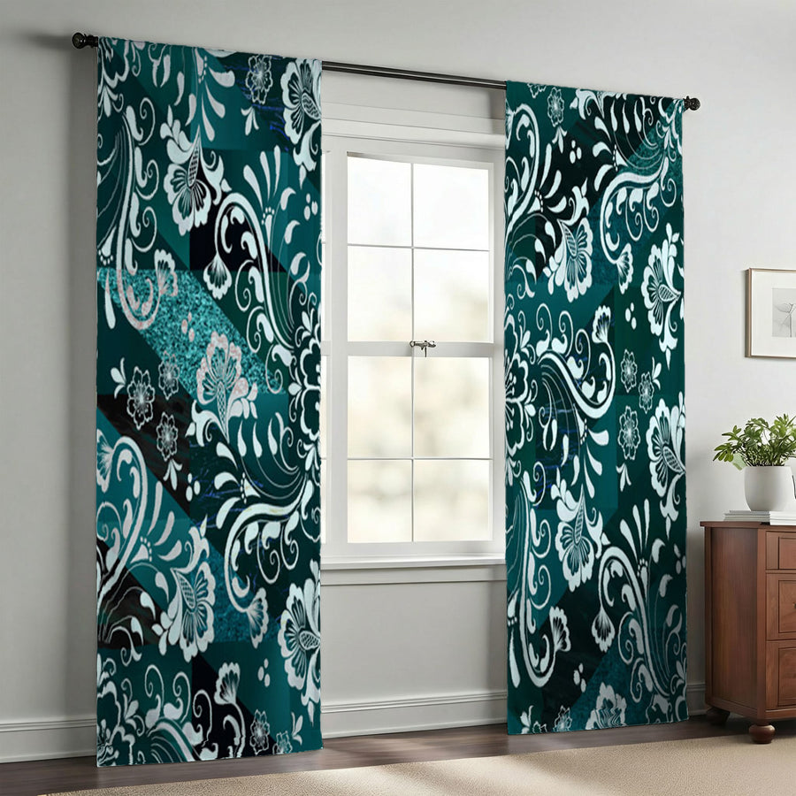 Green and Teal Damask Style Window Curtains