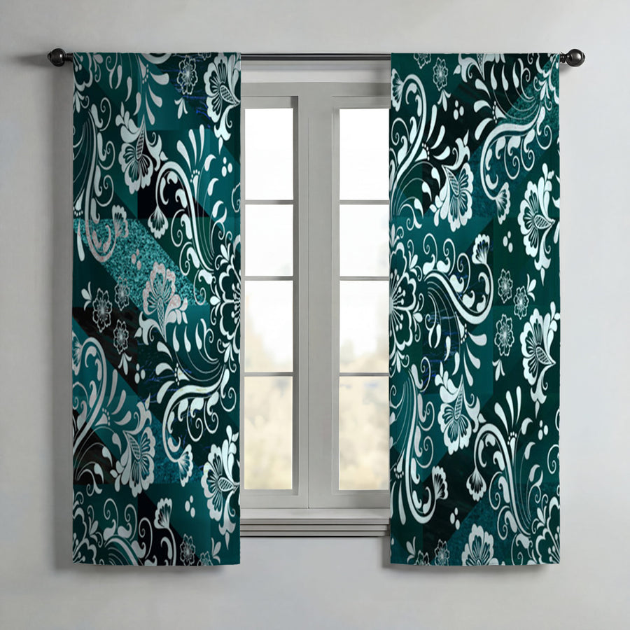Green and Teal Damask Style Window Curtains