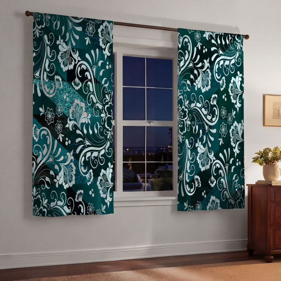 Green and Teal Damask Style Window Curtains