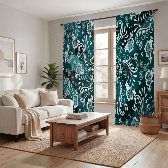 Green and Teal Damask Style Window Curtains