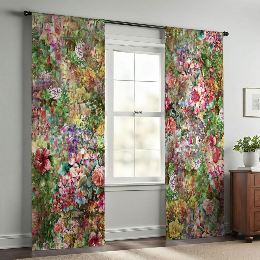 Calming Green Boho Floral Window Curtains