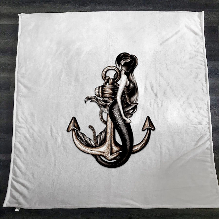 Gray Anchor Nautical Illustration Artwork Fleece Sherpa Blanket