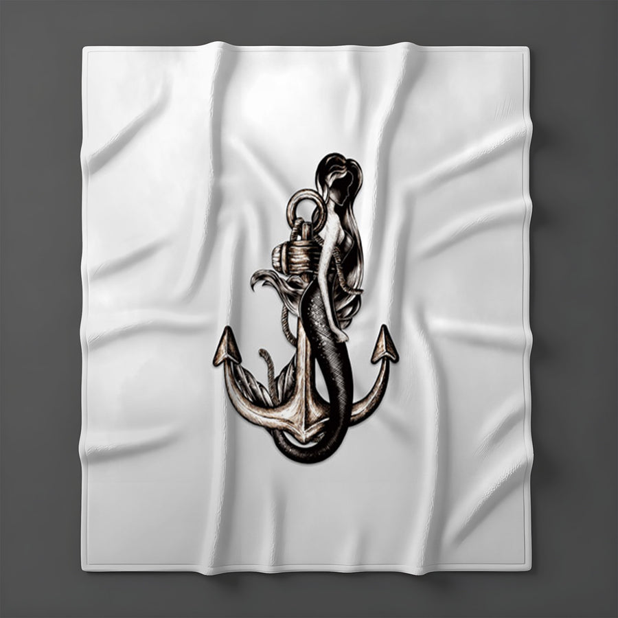 Gray Anchor Nautical Illustration Artwork Fleece Sherpa Blanket