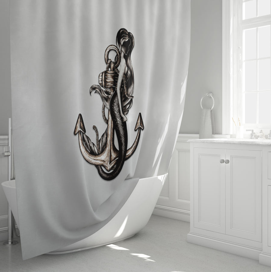 Gray Anchor Nautical Illustration Artwork Shower Curtain
