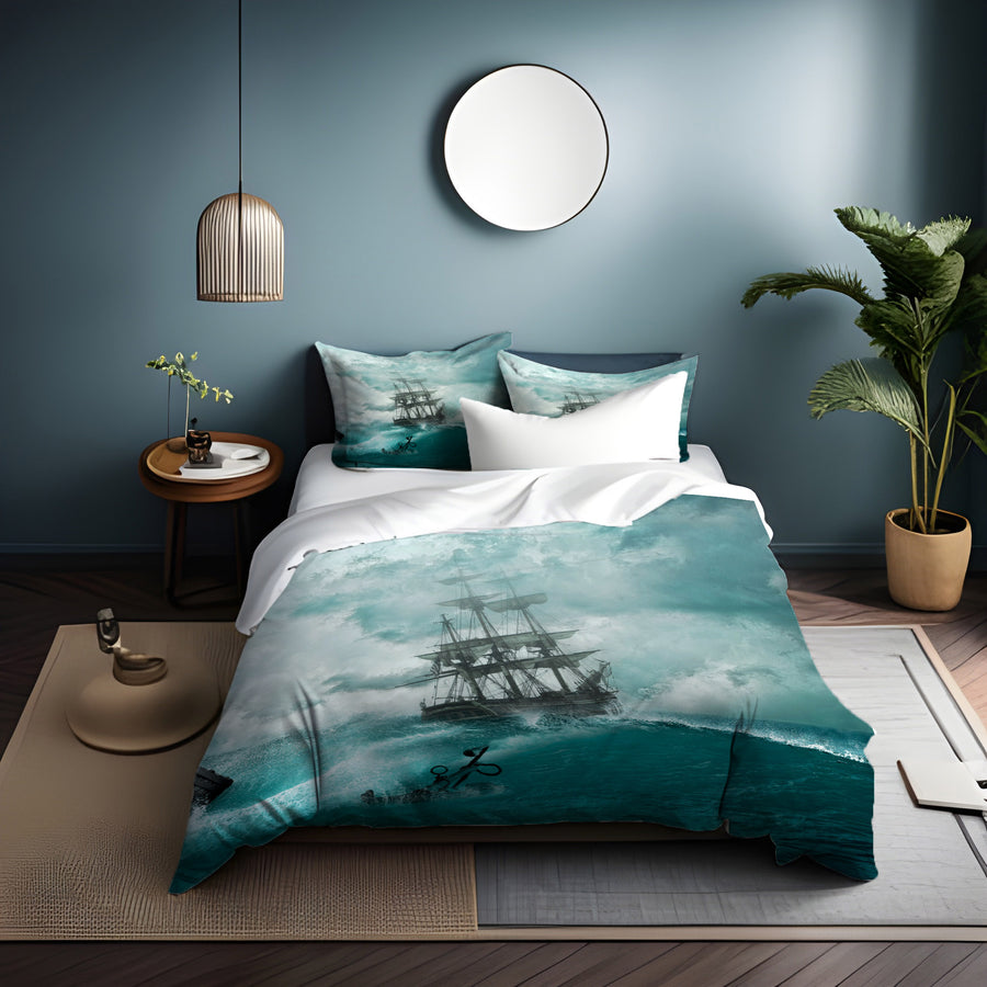 Blue Ship Storm Seascape Artwork Duvet Cover
