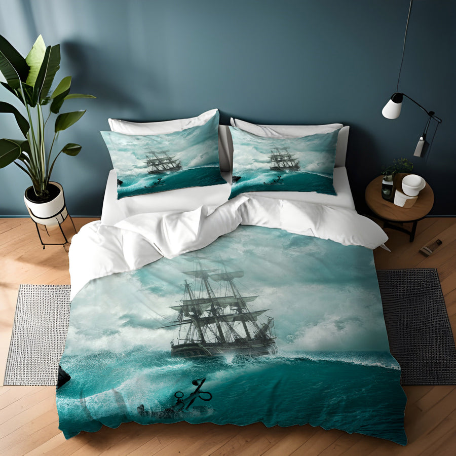 Blue Ship Storm Seascape Artwork Duvet Cover