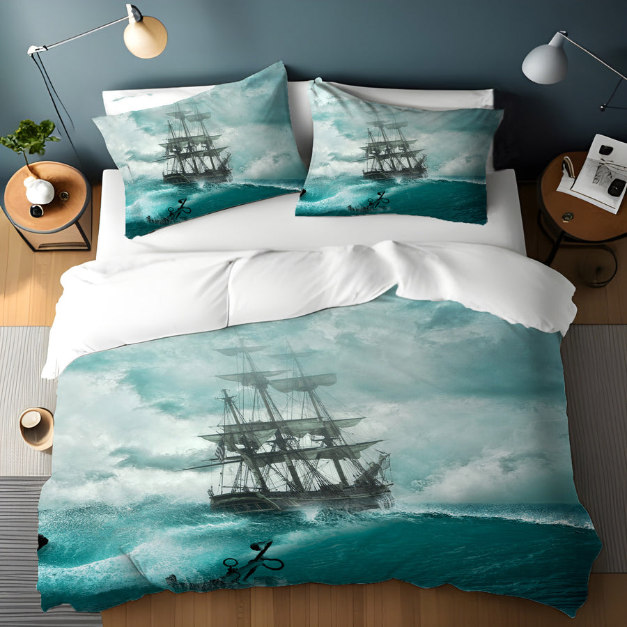 Blue Ship Storm Seascape Artwork Duvet Cover