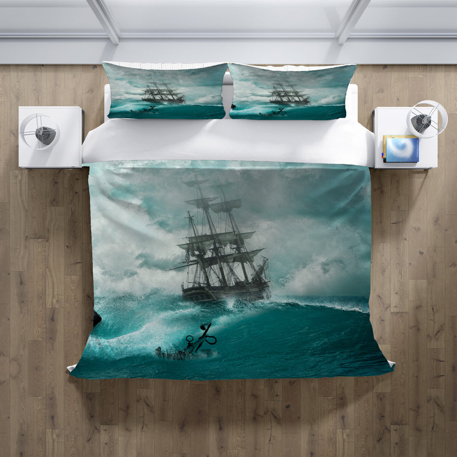 Blue Ship Storm Seascape Artwork Duvet Cover